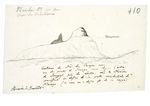 Alexander von Humboldt, Tagebuch VIIbb/c,410r: Skizze der Tafel 51 des Humboldt’schen Werks „Vues des Cordilleres“, Kontur des Berges Corazón, mit gestrichelter Linie ist die „Schneegrenze“ eingezeichnet. Humboldt beschreibt in der Notiz die Lage des Berg
